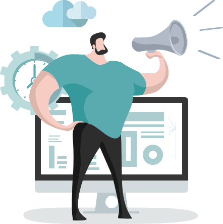 A man holding a megaphone in front of a monitor at a digital agency.